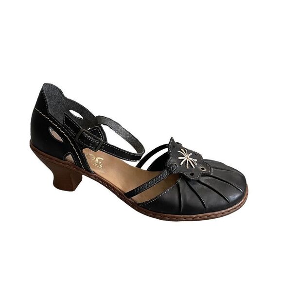 RIEKER Black Leather Mary Jane Style Sandals Shoes Ankle Strap Heel 38 - Picture 3 of 12